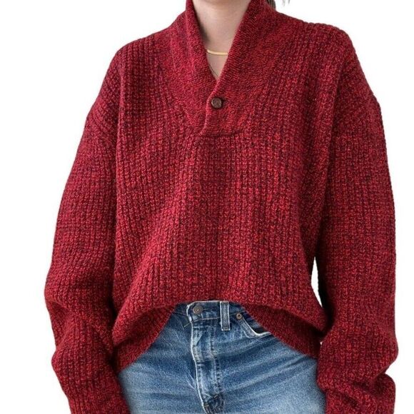 Vintage American Eagle Red Mareled Cowl Neck Ribbed Wool Sweater Elbow Patch L - Picture 7 of 7